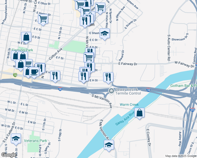 map of restaurants, bars, coffee shops, grocery stores, and more near 841 East H Street in Colton