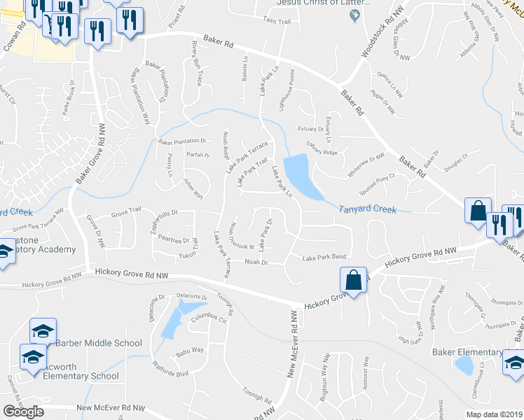 map of restaurants, bars, coffee shops, grocery stores, and more near 2761 Lake Park Ridge West in Acworth
