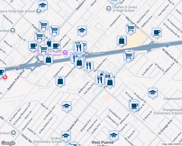 map of restaurants, bars, coffee shops, grocery stores, and more near 1615 Big Dalton Avenue in Baldwin Park