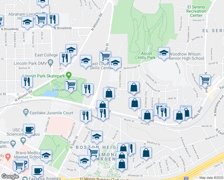 map of restaurants, bars, coffee shops, grocery stores, and more near 4200 Hatfield Place in Los Angeles