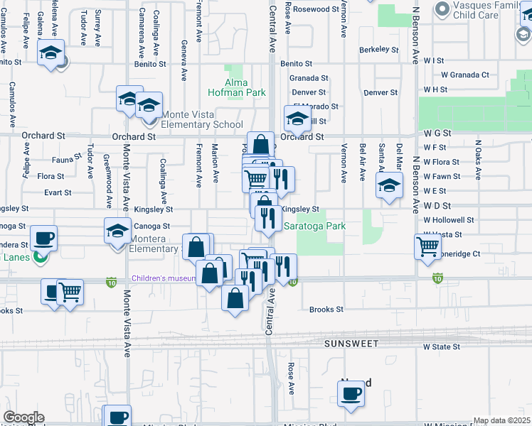 map of restaurants, bars, coffee shops, grocery stores, and more near 10310 Central Avenue in Montclair