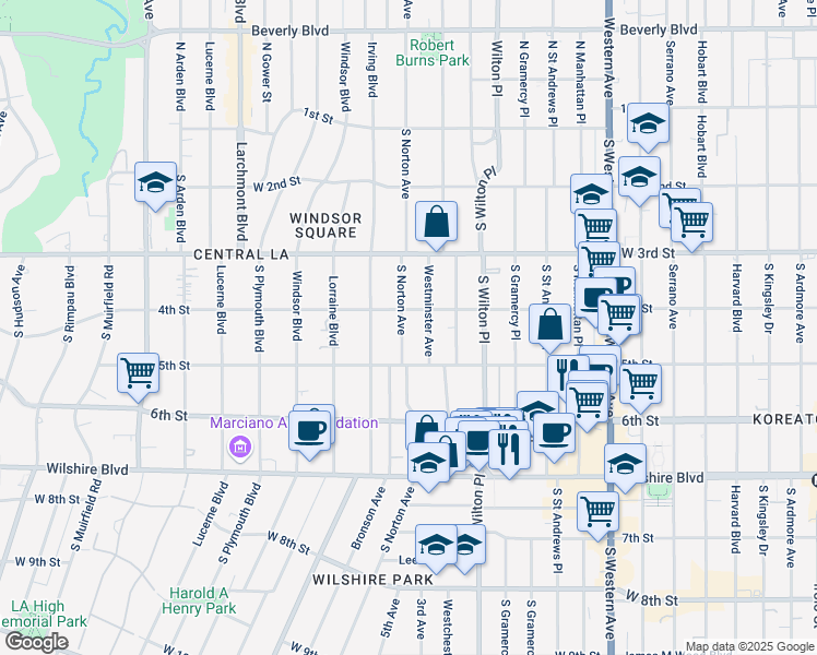 map of restaurants, bars, coffee shops, grocery stores, and more near 416 South Norton Avenue in Los Angeles
