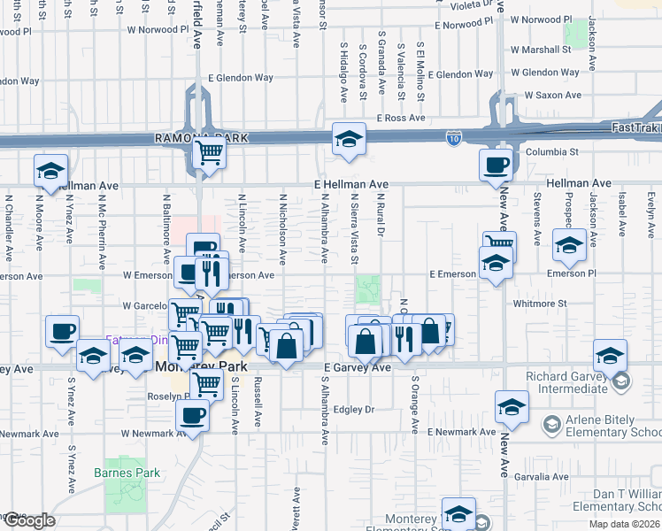 map of restaurants, bars, coffee shops, grocery stores, and more near 417 East Emerson Avenue in Monterey Park