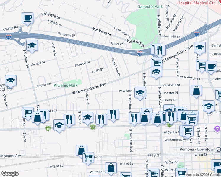 map of restaurants, bars, coffee shops, grocery stores, and more near 871 West Wilson Street in Pomona