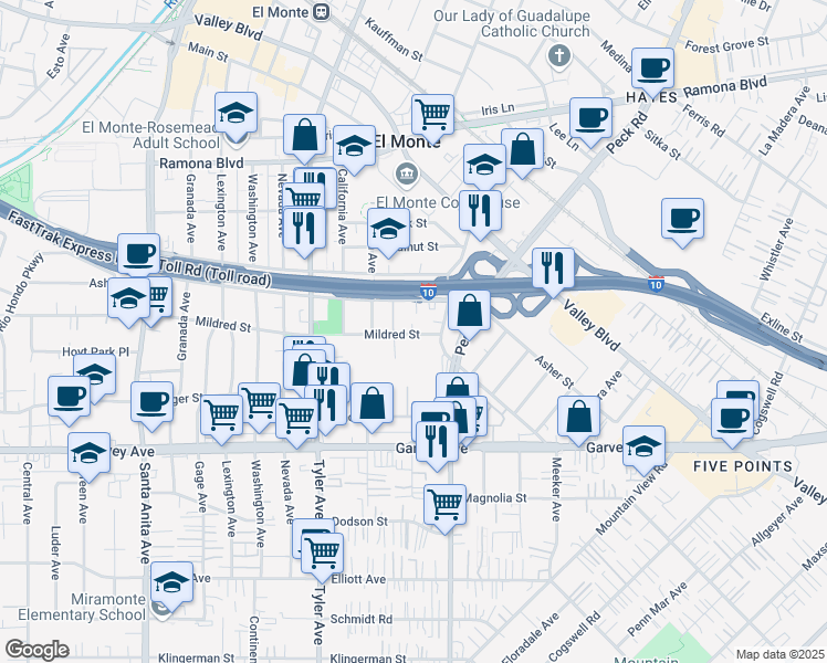 map of restaurants, bars, coffee shops, grocery stores, and more near 11209 Mildred Street in El Monte