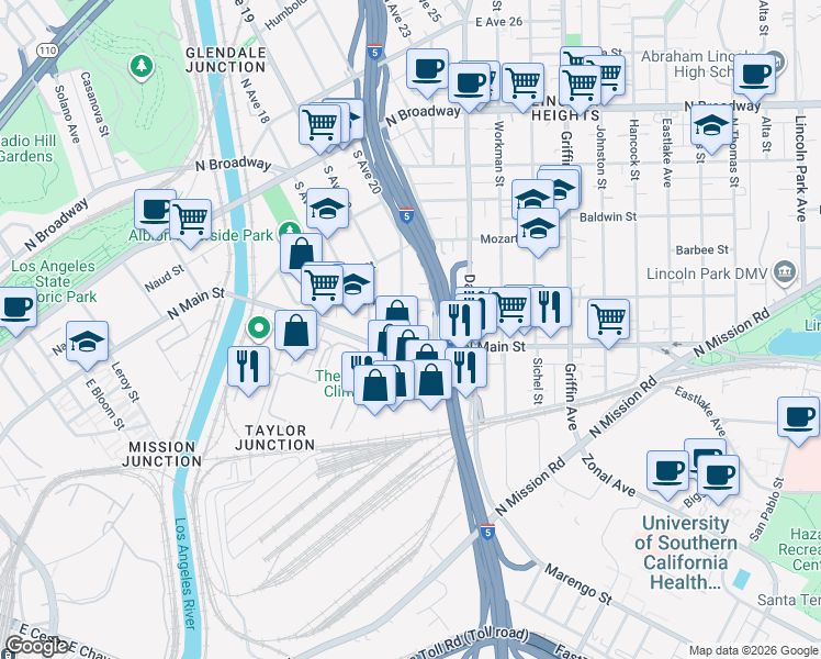 map of restaurants, bars, coffee shops, grocery stores, and more near 530 South Avenue 20 in Los Angeles