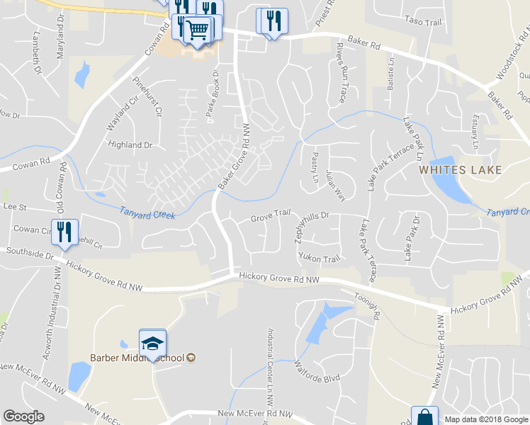 map of restaurants, bars, coffee shops, grocery stores, and more near 3222 Grove Trail in Acworth
