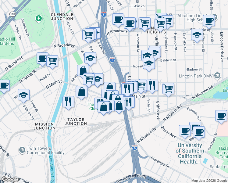 map of restaurants, bars, coffee shops, grocery stores, and more near 530 South Avenue 20 in Los Angeles