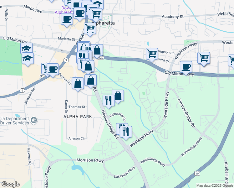 map of restaurants, bars, coffee shops, grocery stores, and more near 11675 Haynes Bridge Road in Alpharetta