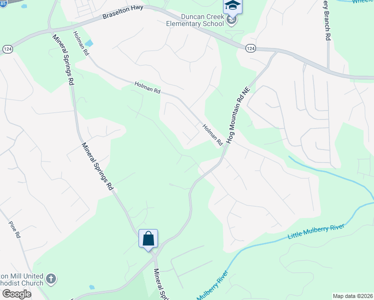 map of restaurants, bars, coffee shops, grocery stores, and more near 4205 Mulberry Ridge Lane Northeast in Hoschton