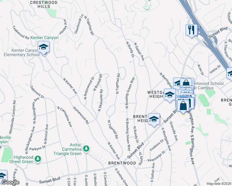 map of restaurants, bars, coffee shops, grocery stores, and more near 445 North Tigertail Road in Los Angeles