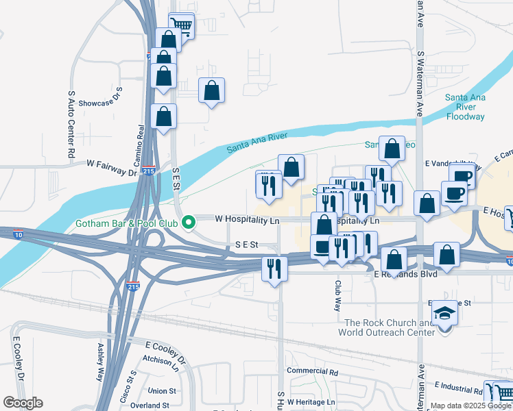 map of restaurants, bars, coffee shops, grocery stores, and more near 268 West Hospitality Lane in San Bernardino