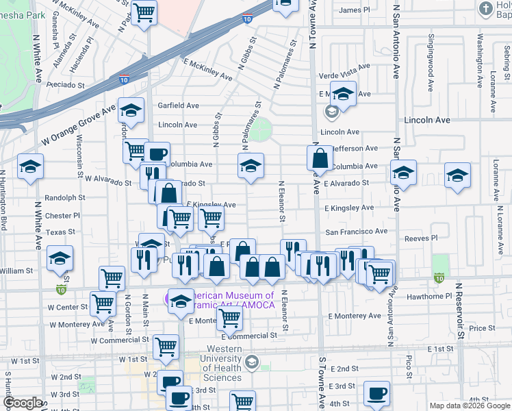 map of restaurants, bars, coffee shops, grocery stores, and more near 417 East Kingsley Avenue in Pomona