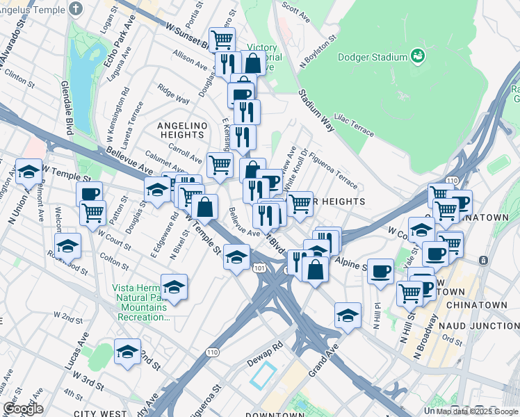 map of restaurants, bars, coffee shops, grocery stores, and more near 1140 Sunset Boulevard in Los Angeles