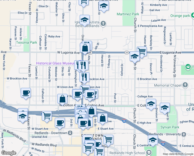 map of restaurants, bars, coffee shops, grocery stores, and more near 1102 6th Street in Redlands