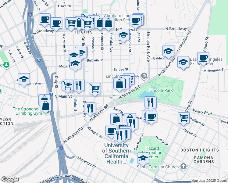 map of restaurants, bars, coffee shops, grocery stores, and more near 1912 Eastlake Avenue in Los Angeles