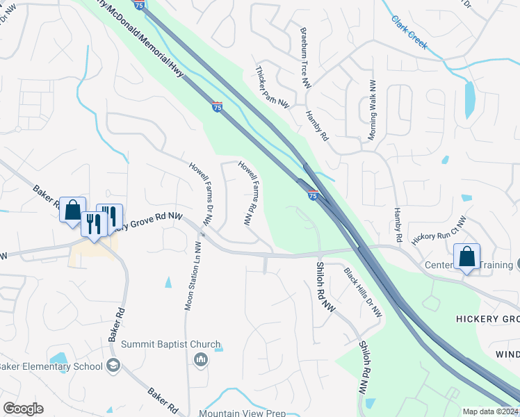 map of restaurants, bars, coffee shops, grocery stores, and more near 4565 Howell Farms Road Northwest in Acworth