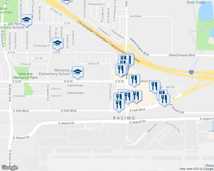 map of restaurants, bars, coffee shops, grocery stores, and more near 336 North Placer Privado in Ontario