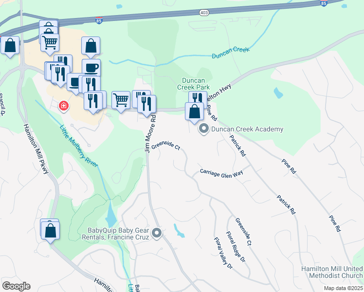 map of restaurants, bars, coffee shops, grocery stores, and more near 3595 Greenside Court in Dacula