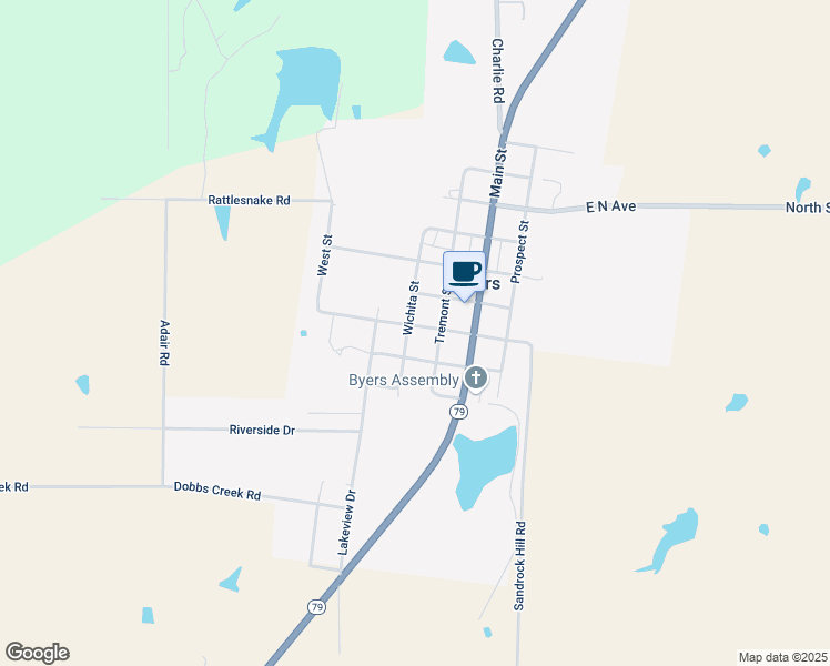 map of restaurants, bars, coffee shops, grocery stores, and more near 308 Wichita Street in Byers