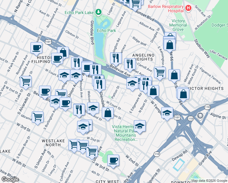 map of restaurants, bars, coffee shops, grocery stores, and more near 349 Patton Street in Los Angeles