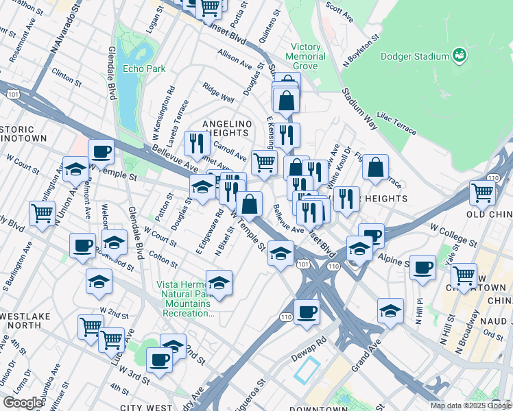 map of restaurants, bars, coffee shops, grocery stores, and more near 1235 Boston Street in Los Angeles