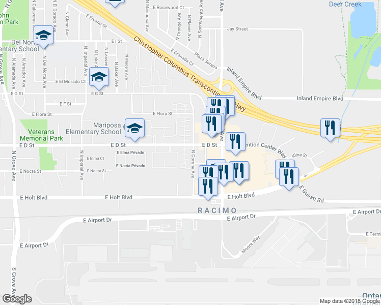 map of restaurants, bars, coffee shops, grocery stores, and more near 340 North Placer Privado in Ontario
