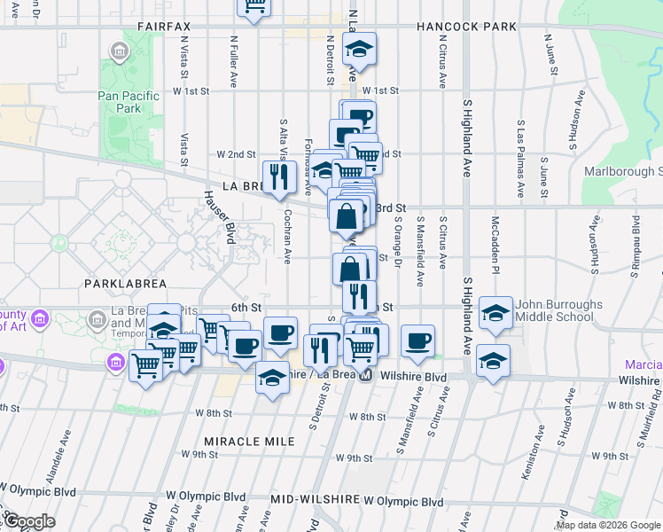 map of restaurants, bars, coffee shops, grocery stores, and more near 415 South Detroit Street in Los Angeles