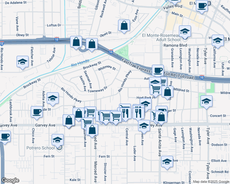 map of restaurants, bars, coffee shops, grocery stores, and more near 10123 Rio Hondo Pkwy in El Monte