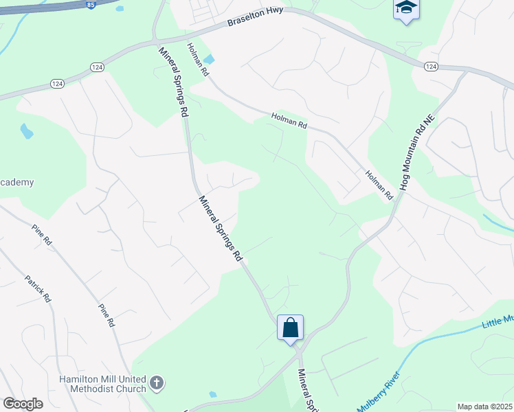 map of restaurants, bars, coffee shops, grocery stores, and more near 1745 Mineral Springs Road in Hoschton