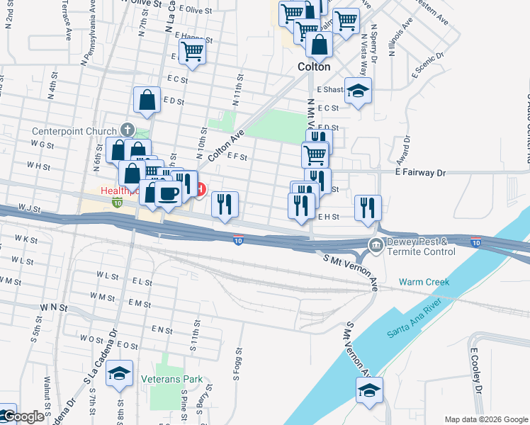 map of restaurants, bars, coffee shops, grocery stores, and more near 574 East H Street in Colton