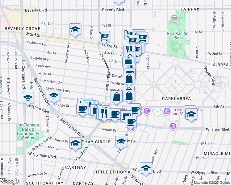 map of restaurants, bars, coffee shops, grocery stores, and more near 6212 Maryland Drive in Los Angeles