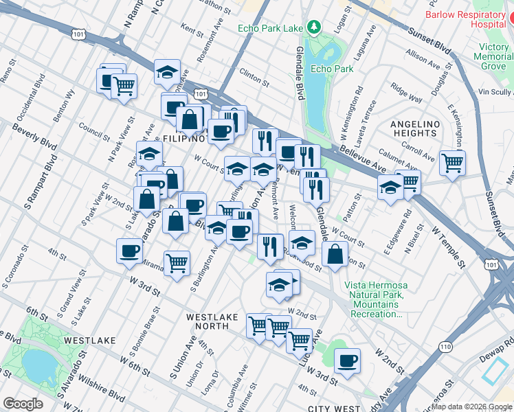 map of restaurants, bars, coffee shops, grocery stores, and more near 230 North Union Avenue in Los Angeles