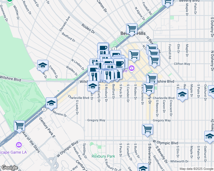 map of restaurants, bars, coffee shops, grocery stores, and more near 96 South Roxbury Drive in Beverly Hills