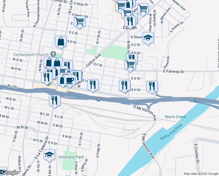 map of restaurants, bars, coffee shops, grocery stores, and more near in Colton