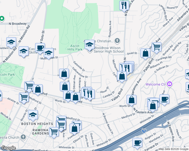 map of restaurants, bars, coffee shops, grocery stores, and more near 4545 Yellowstone Street in Los Angeles