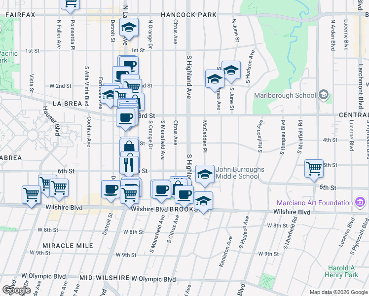 map of restaurants, bars, coffee shops, grocery stores, and more near 409 South Highland Avenue in Los Angeles