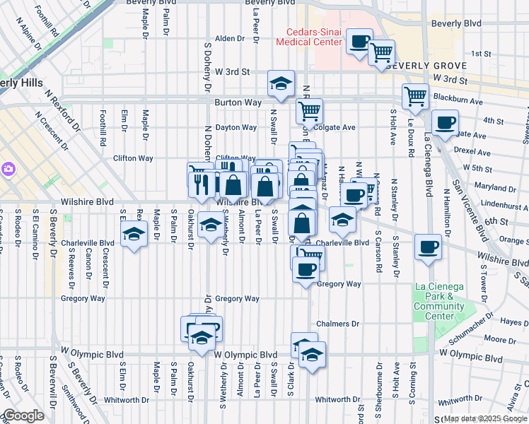 map of restaurants, bars, coffee shops, grocery stores, and more near 121 South Swall Drive in Beverly Hills