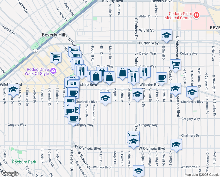 map of restaurants, bars, coffee shops, grocery stores, and more near 112 South Rexford Drive in Beverly Hills