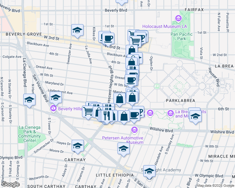 map of restaurants, bars, coffee shops, grocery stores, and more near 6216 Maryland Drive in Los Angeles