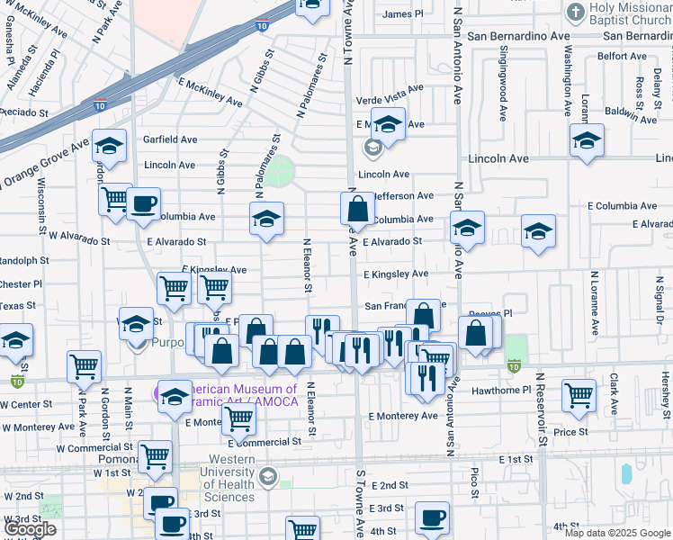map of restaurants, bars, coffee shops, grocery stores, and more near 567 East Kingsley Avenue in Pomona