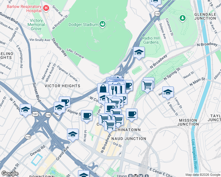 map of restaurants, bars, coffee shops, grocery stores, and more near 947 Yale Street in Los Angeles
