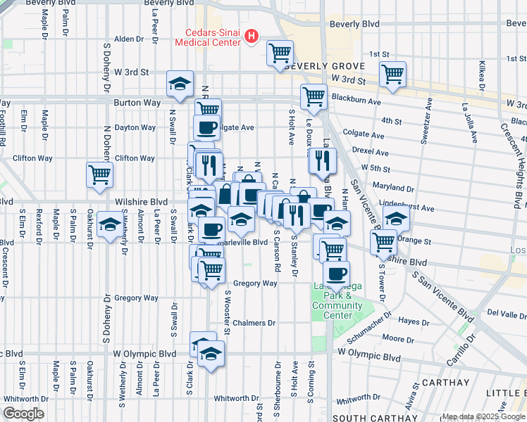 map of restaurants, bars, coffee shops, grocery stores, and more near 8665 Wilshire Boulevard in Beverly Hills