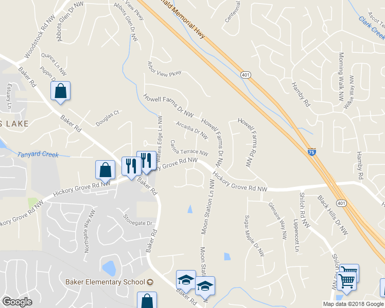 map of restaurants, bars, coffee shops, grocery stores, and more near 2415 Carina Terrace Northwest in Acworth