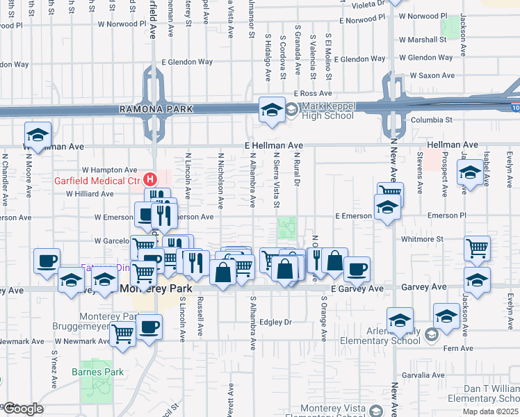 map of restaurants, bars, coffee shops, grocery stores, and more near 410 North Alhambra Avenue in Monterey Park