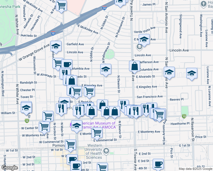 map of restaurants, bars, coffee shops, grocery stores, and more near 916 North Palomares Street in Pomona