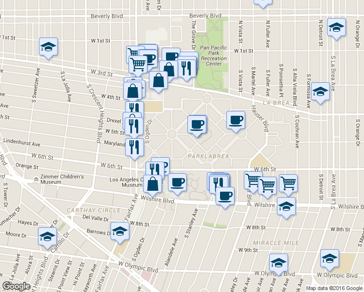 map of restaurants, bars, coffee shops, grocery stores, and more near 515 Alandele Avenue in Los Angeles