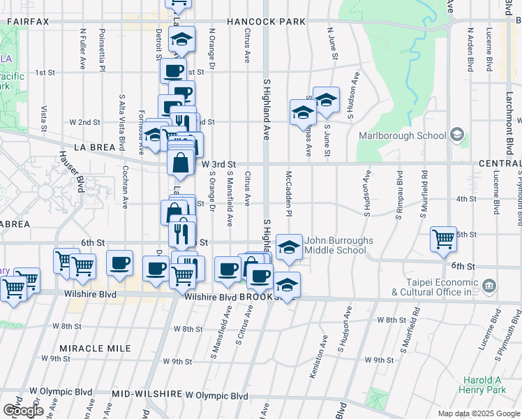 map of restaurants, bars, coffee shops, grocery stores, and more near 412 South Citrus Avenue in Los Angeles