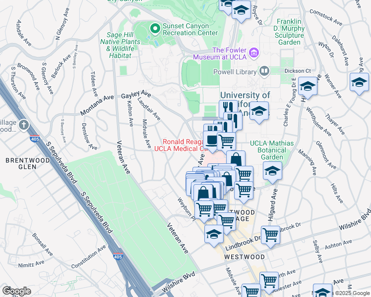 map of restaurants, bars, coffee shops, grocery stores, and more near 625 Landfair Avenue in Los Angeles
