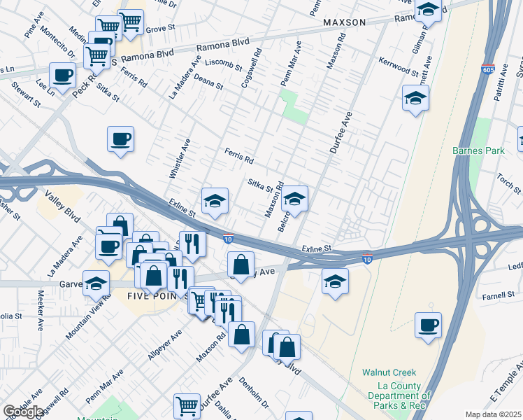 map of restaurants, bars, coffee shops, grocery stores, and more near 3507 Maxson Road in El Monte